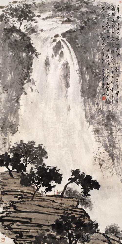 傅抱石 1963年作 镜泊飞瀑 立轴    设色纸本 138.5×69.5cm